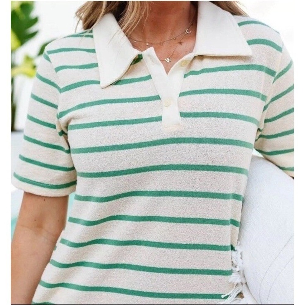 Ivy City Co Cream and Green Striped Midi Dress